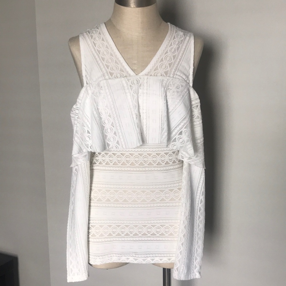 BCBGMaxAzria white lace cold shoulder top size M